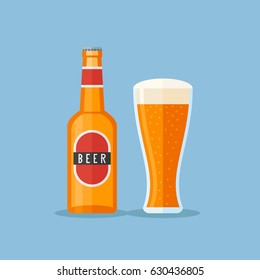 Bottle and glass with beer isolated on blue background. Flat style icon. Vector illustration.