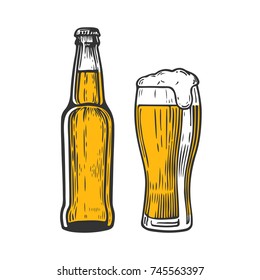 Bottle and glass of beer isolated on white background, hand-drawing. Vector vintage engraved illustration.