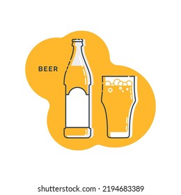 Bottle and glass beer line art in flat style. Restaurant alcoholic illustration for celebration design. Design contour element. Beverage outline icon. Isolated on shape background in graphic style.
