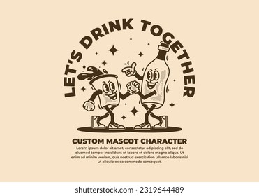 Bottle and glass of beer mascot character design