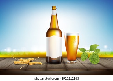 Botella y cerveza de vidrio sobre el fondo de malta. Diseño de ilustración vectorial.