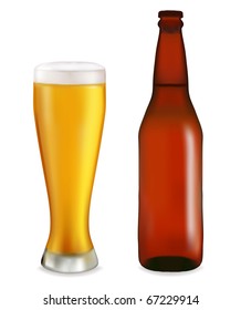 Bottle and glass with beer on white background. Vector illustration.