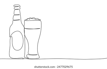 Bottle and glass of beer one line continuous. Line art beer. Hand drawn vector art.