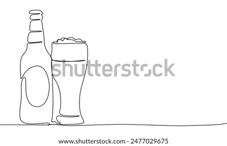 Bottle and glass of beer one line continuous. Line art beer. Hand drawn vector art.