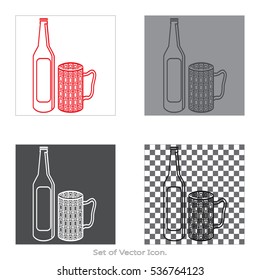 Bottle and glass of beer Set icons with four Color Variations of flat style. Vector illustration.