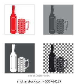 Bottle and glass of beer Set icons with four Color Variations of flat style. Vector illustration.