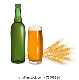 Bottle with glass of beer and some ears of wheat. Vector illustration.