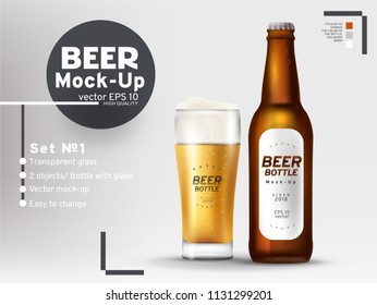 Bottle and glass of beer. Vector mock-up, set 1