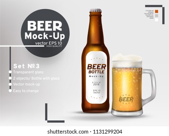 Bottle and glass of beer. Vector mock-up, set 3