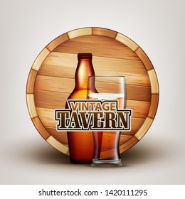 Bottle And Glass Of Beer With Wooden Barrel Vector. Brown Flask And Cup With Bubble Alcoholic Beverage And Retro Barrel On Background Depicted On Vintage Tavern Banner. Realistic 3d Illustration