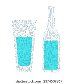 Bottle and glass with blue water or other liquid  in minimal cartoon flat style. Silhouette object from small simple line elements. Creative concept design. Vector fashion illustration or icon.