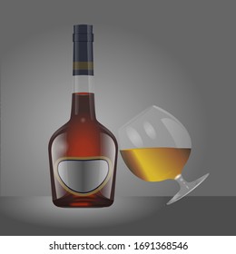 bottle and glass of brandy on a gray background, vector illustration
