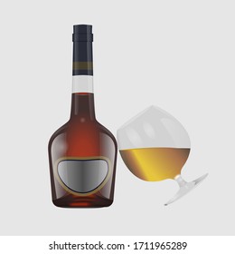 Flasche und Glas Brandy auf grauem Hintergrund, Vektorillustration
