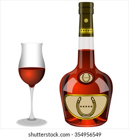 bottle and glass of brandy on white background vector