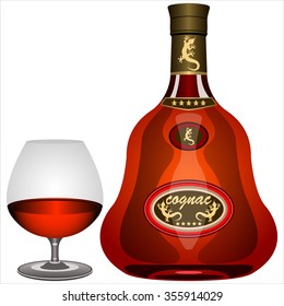 bottle and glass of brandy on white background vector