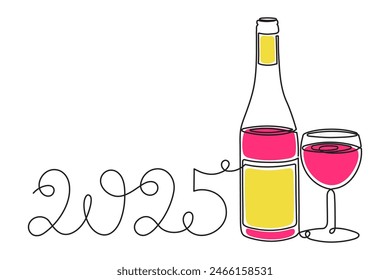 Bottle and glass, celebrating 2025 new year,one line art,continuous drawing contour.Cheers toast,festive hand drawn holiday decoration,simple minimalist design.Editable stroke.Isolated.