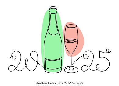 Bottle and glass, celebrating 2025 new year,one line art,continuous drawing contour.Cheers toast,festive hand drawn holiday decoration,simple minimalist design.Editable stroke.Isolated.