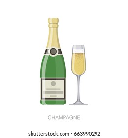 Bottle and glass of champagne illustration. Vector icon.