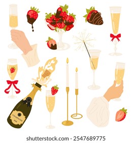 Bottle with glass of champagne. Ripe chocolate-covered strawberries. Hand with glass of alcoholic drink. Bengal fire, candles. Romantic or festive dinner. Set flat illustrations. 