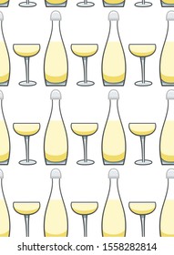 Bottle and glass of champagne seamless pattern