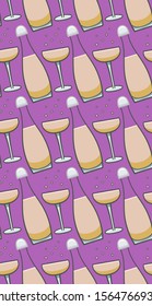 Bottle and glass of champagne seamless pattern on purple background