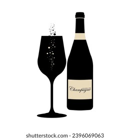 Bottle and glass of champagne, shape on a white background with an inscription. Vector illustration.