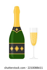 Bottle and glass of champagne or sparkling wine isolated on white background. Flat vector illustration