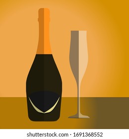 bottle and glass of champagne, vector illustration, flat design