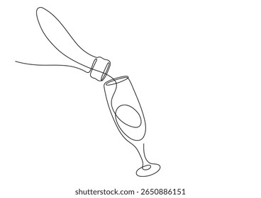 Bottle and glass of Champagne, or wine. Continuous line drawing.