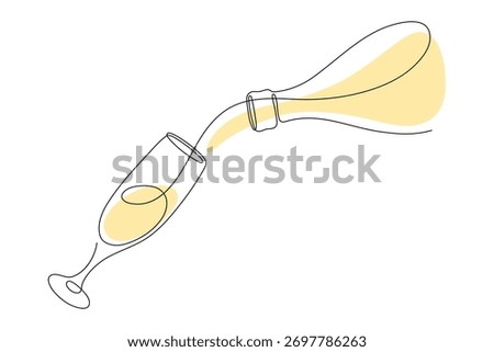 Bottle and glass of Champagne, or wine. Continuous line drawing.