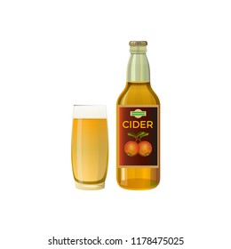 Bottle and a glass of cider. Vector illustration isolated on white background