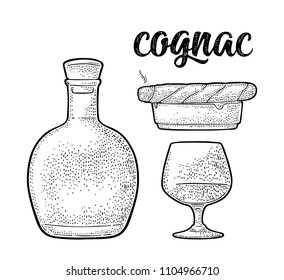 Bottle, glass, cigar and ashtray. Handwriting lettering cognac. Vintage black engraving illustration for label, poster, web, invitation to party. Isolated on white background