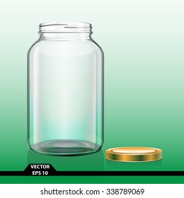 Bottle glass clear open cap vector illustration on green background for product design.