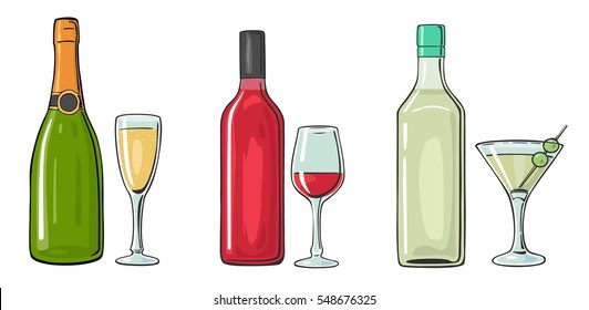 Bottle and glass cocktail, liquor, wine, champagne. Vector color flat illustration for label, poster, invitation to party. Isolated on white background