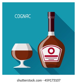 Bottle and glass of cognac in flat design style.