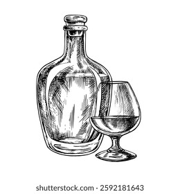 A bottle and a glass of cognac. A hand-drawn vector graphic illustration. Black and white image of an alcoholic beverage. Separate from the background. Perfect for menus, banners, flyers, packages.