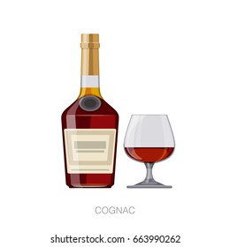 Bottle and glass of cognac illustration. Vector icon.