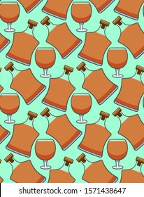 Bottle and glass of cognac seamless pattern on turquoise background