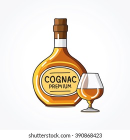 Bottle and a glass of cognac. Vector illustration on white background.
