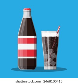 Bottle and glass with cola and striped straw. Soda carbonited drink. Vector illustration in flat style