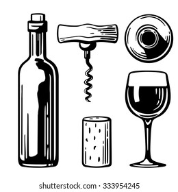 Bottle, glass, corkscrew, cork. Side and top view. Engraving vintage vector black illustration. Isolated on white background. Hand drawn design element for label and poster