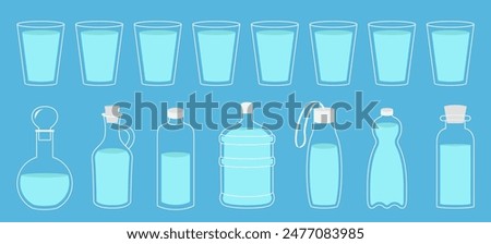 Bottle, glass cup of water icon set. Cork, plug, decanter, carafe. Drink water. Steal Aqua drop. Cute cartoon object. Different shape. Food icons collection. Flat design. Blue background. Vector