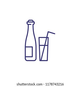 Bottle and glass with drink line icon. Mineral water, juice, lemonade. Restaurant concept. Vector illustration can be used for topics like drinks, summer, healthy eating