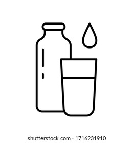Flasche, Glas, Tropfen. Lineare Ikone von Wasser, Milch, Cocktail. Schwarze Illustration der Flüssigkeit in den Behälter gießen. Contour isolierte Vektorillustration Emblem auf weißem Hintergrund. Mehr Wasser trinken