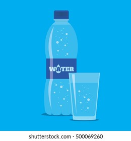 Bottle And Glass Of Fresh Sparkling Water Icon In Flat Style Isolated On Blue Background. Stylized Vector Eps10 Illustration.