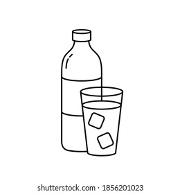 Bottle and glass with ice cubes. Linear icon of cold drink, water. Black simple illustration. Contour isolated vector pictogram on white background