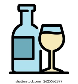 Bottle and glass icon. Outline bottle and glass vector icon color flat isolated