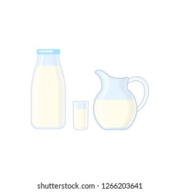 Bottle, glass and jug with milk vector illustration isolated on white background. Dairy products.