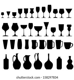 Bottle, Glass and Jug Silhouettes, Vector