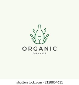 Bottle glass with leaf and branch organic nature fresh drink line art outline logo icon sign vector illustration